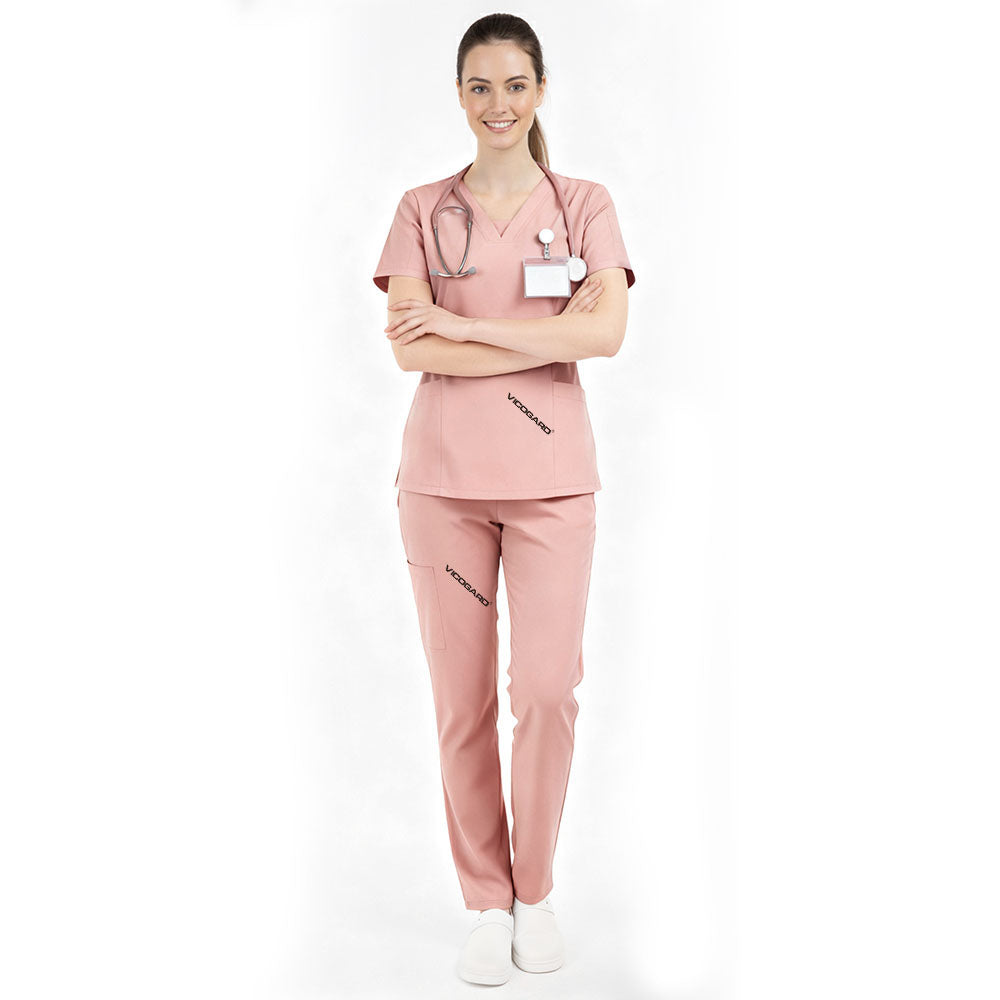 Vicogard Pink essential scrub set front view, cute V-neck medical uniform for pediatric nurses
