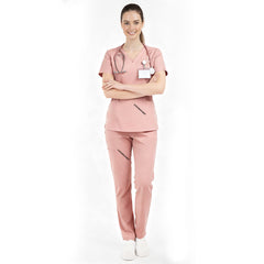 Vicogard Pink essential scrub set front view, cute V-neck medical uniform for pediatric nurses