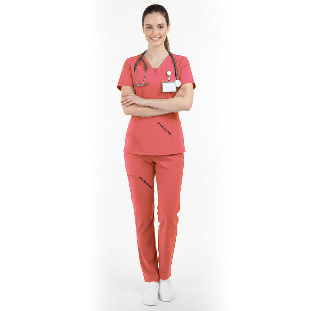 Vicogard Orange Red essential scrub set front view, vibrant high visibility medical uniform