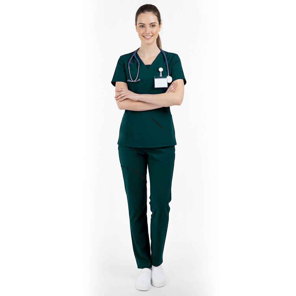 Vicogard Hunter Green essential scrub set front view, traditional V-neck medical uniform for nurses