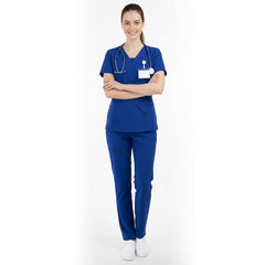 Vicogard Royal Blue essential scrub set front view, classic V-neck uniform for daily shifts