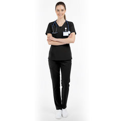 Vicogard Black classic V-neck scrubs, sleek slimming uniform for estheticians