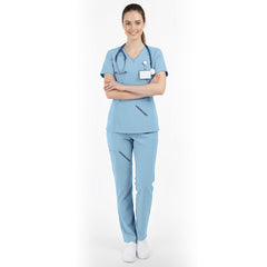 Vicogard Ceil Blue essential scrub set front view, standard V-neck medical uniform for nursing students