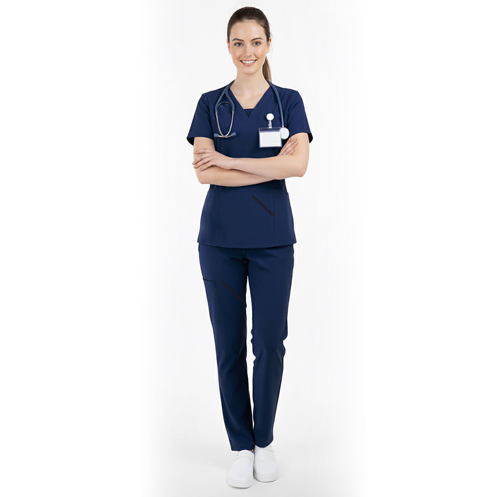 Vicogard Navy Blue essential scrub set front view, classic standard medical uniform