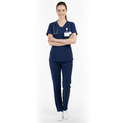 Vicogard Navy Blue essential scrub set front view, classic standard medical uniform
