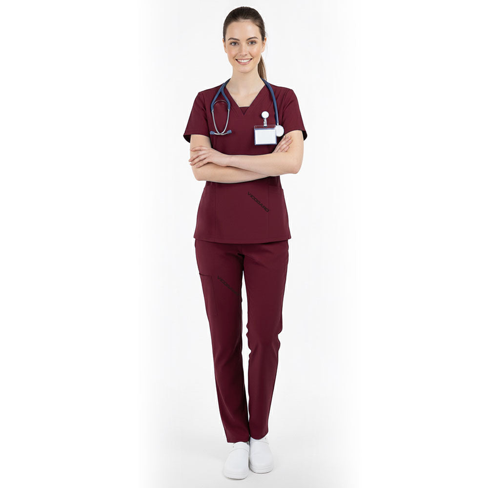 Vicogard Burgundy essential scrub set front view, professional V-neck medical uniform for nursing students