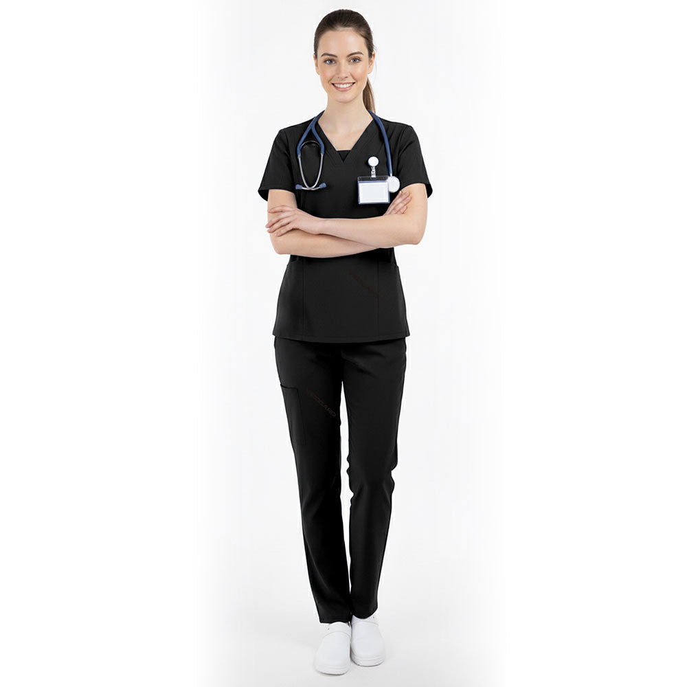 Vicogard Black essential scrub set front view, sleek V-neck medical uniform for estheticians