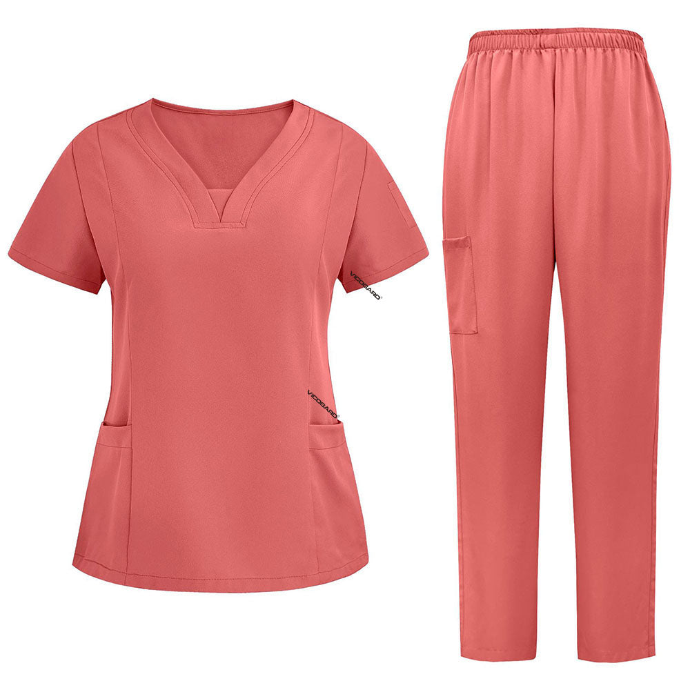 Flat lay of Orange Red 3-pocket scrub set featuring V-neck top and straight leg pants