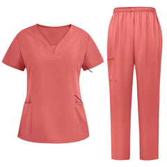 Flat lay of Orange Red 3-pocket scrub set featuring V-neck top and straight leg pants