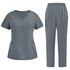 Flat lay of Gray 3-pocket scrub set featuring V-neck top and straight leg pants