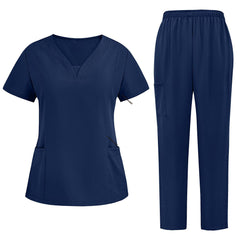 Flat lay of Navy Blue 3-pocket scrub set featuring V-neck top and straight leg pants