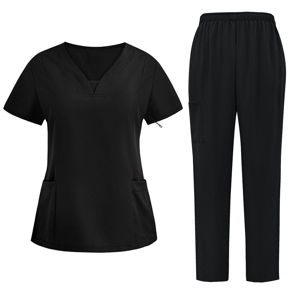 Flat lay of Black 3-pocket scrub set featuring V-neck top and straight leg pants
