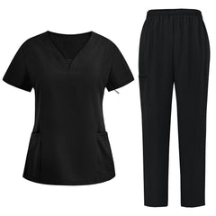 Flat lay of Black 3-pocket scrub set featuring V-neck top and straight leg pants