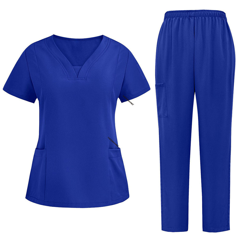 Flat lay of Royal Blue 3-pocket scrub set featuring V-neck top and straight leg pants
