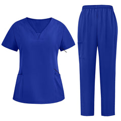 Flat lay of Royal Blue 3-pocket scrub set featuring V-neck top and straight leg pants