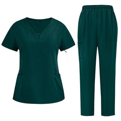 Flat lay of Hunter Green 3-pocket scrub set featuring V-neck top and straight leg pants