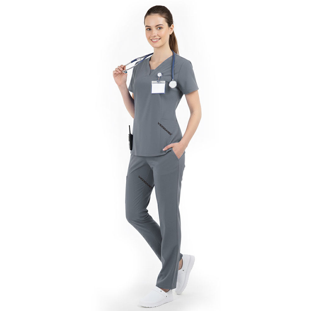 Side profile of Gray nursing scrubs showing relaxed straight leg fit and drape
