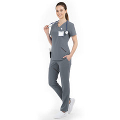 Side profile of Gray nursing scrubs showing relaxed straight leg fit and drape
