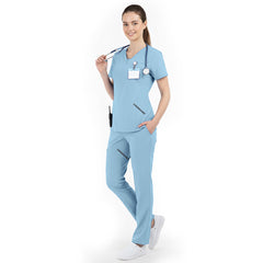 Side profile of Ceil Blue nursing scrubs showing relaxed straight leg fit for clinicals