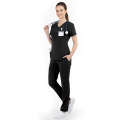 Side profile of Black nursing scrubs showing slimming straight leg fit