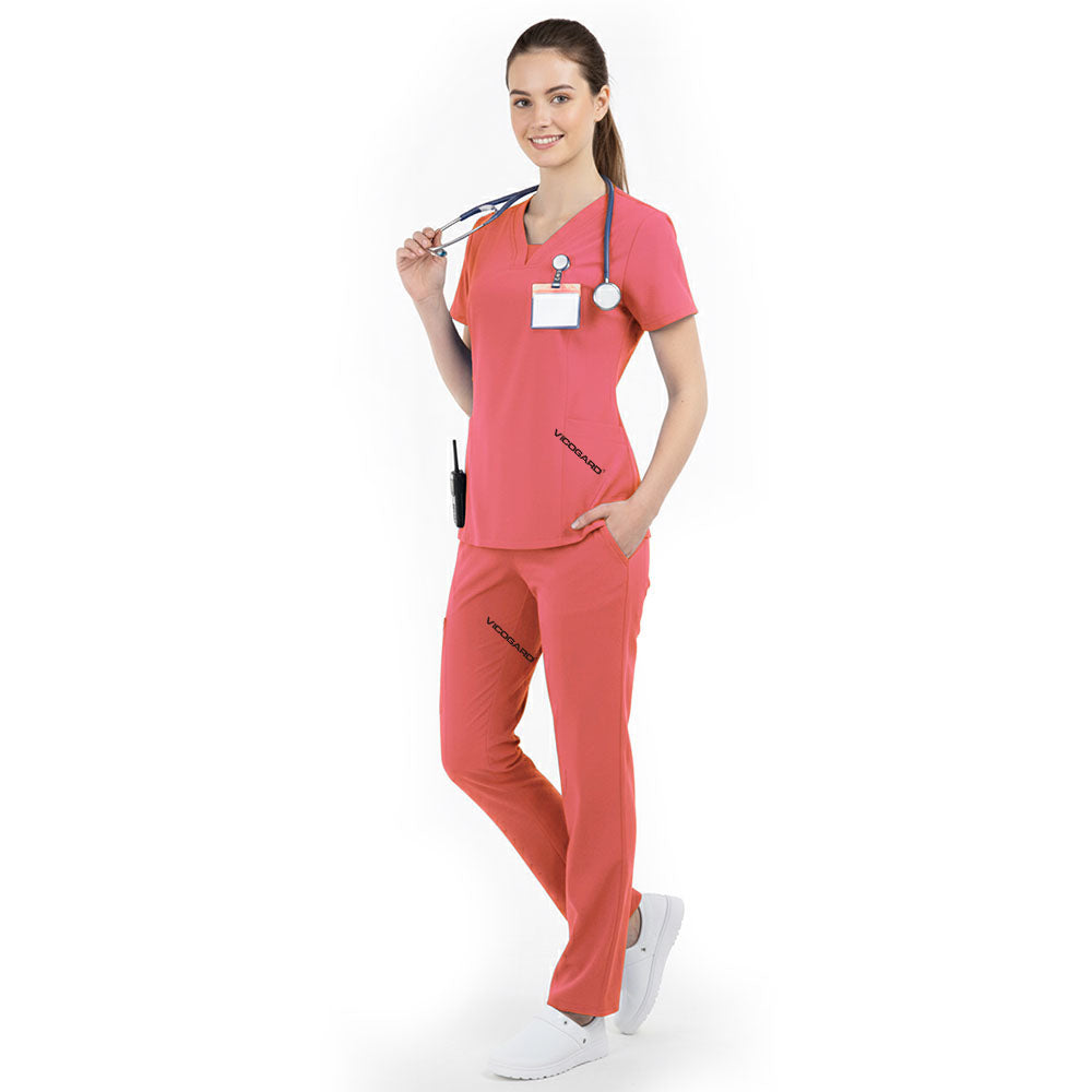 Side profile of Orange Red nursing scrubs showing relaxed straight leg fit