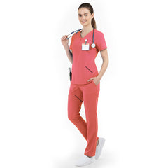 Side profile of Orange Red nursing scrubs showing relaxed straight leg fit