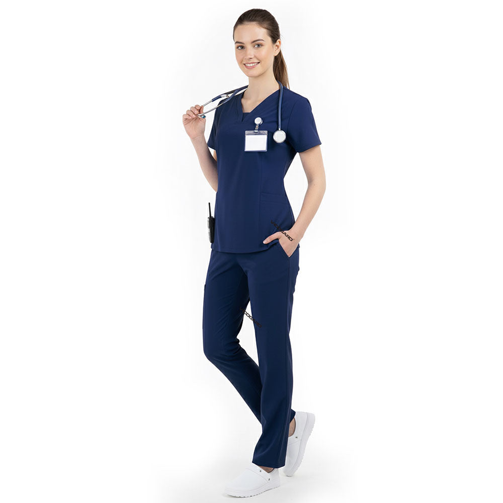 Side profile of Navy Blue nursing scrubs showing relaxed straight leg fit