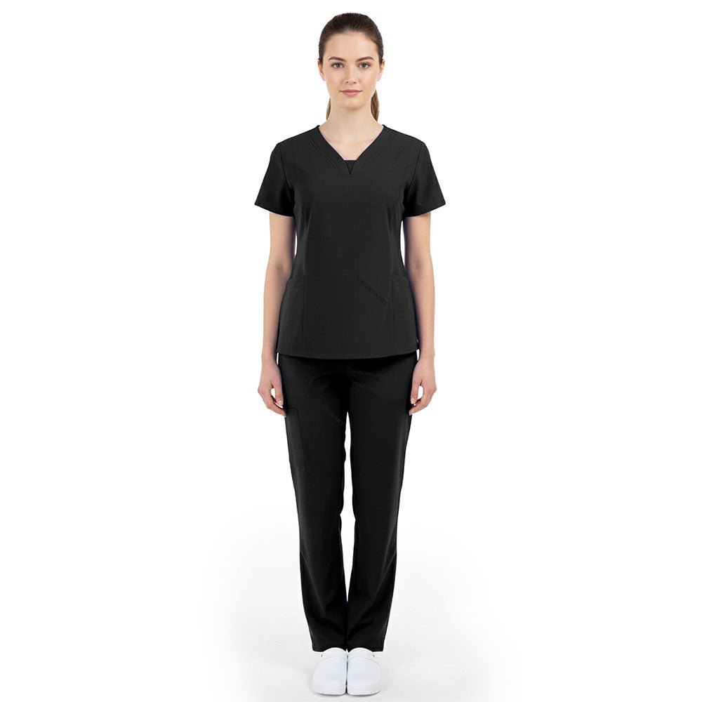 Full body front view of Black Vicogard scrubs, professional attire for med spas
