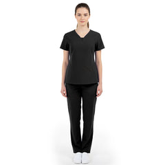Full body front view of Black Vicogard scrubs, professional attire for med spas