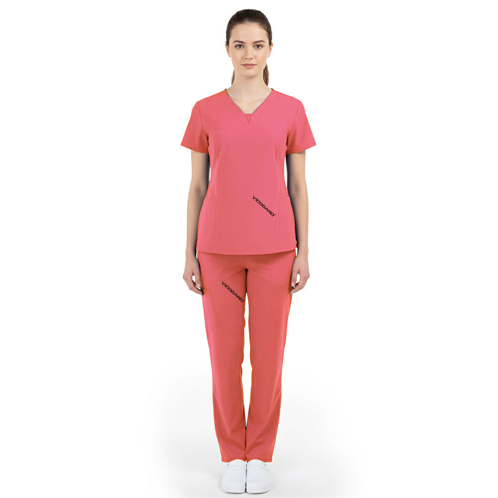 Full body front view of Orange Red Vicogard scrubs, ideal for ER and pediatrics