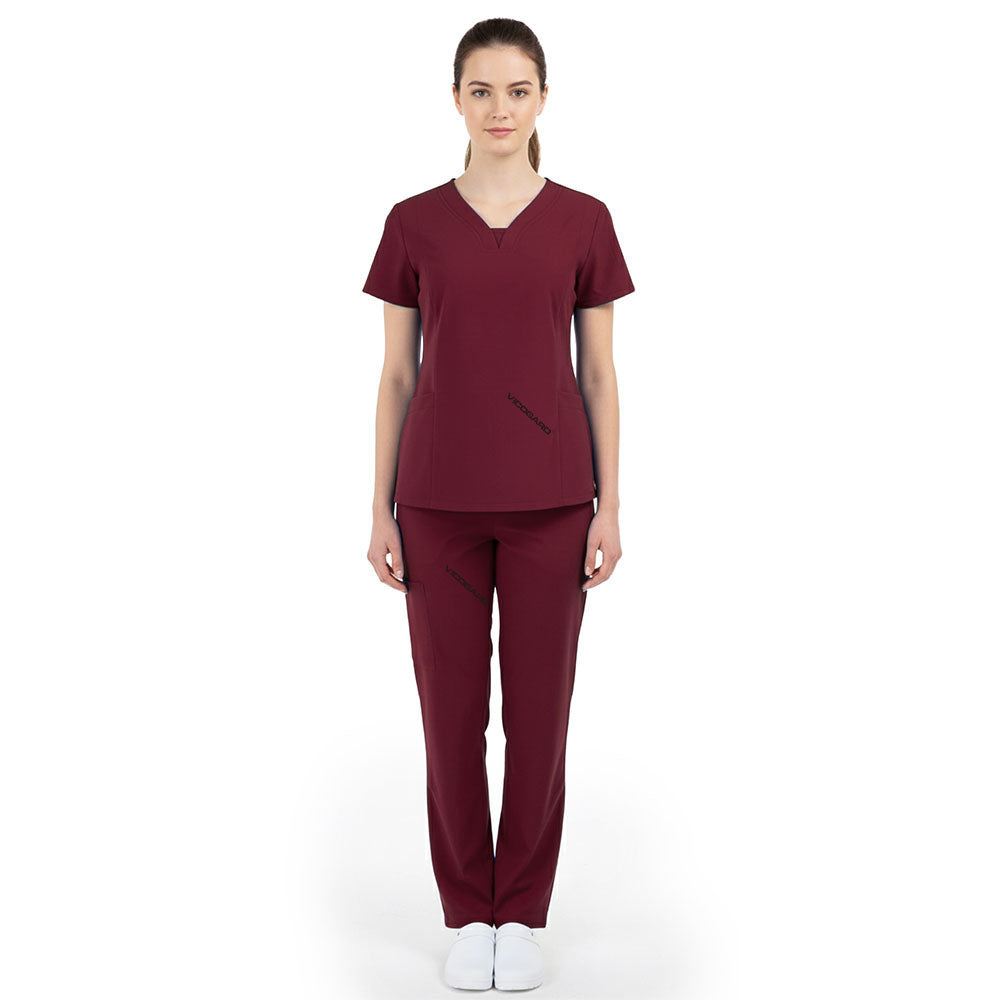 Full body front view of Burgundy Vicogard scrubs, professional attire for admins