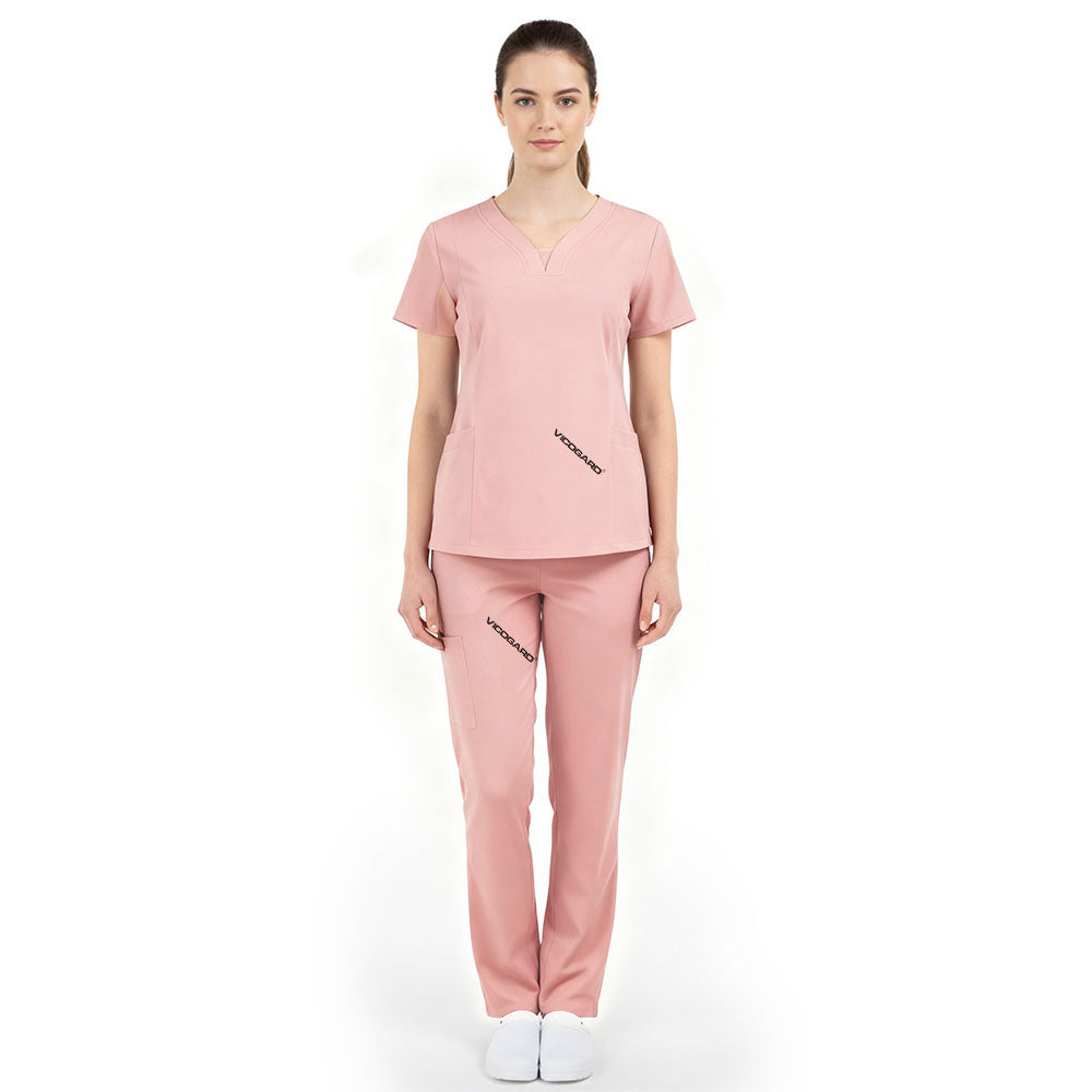 Full body front view of Pink Vicogard scrubs, ideal for maternity and pediatric care