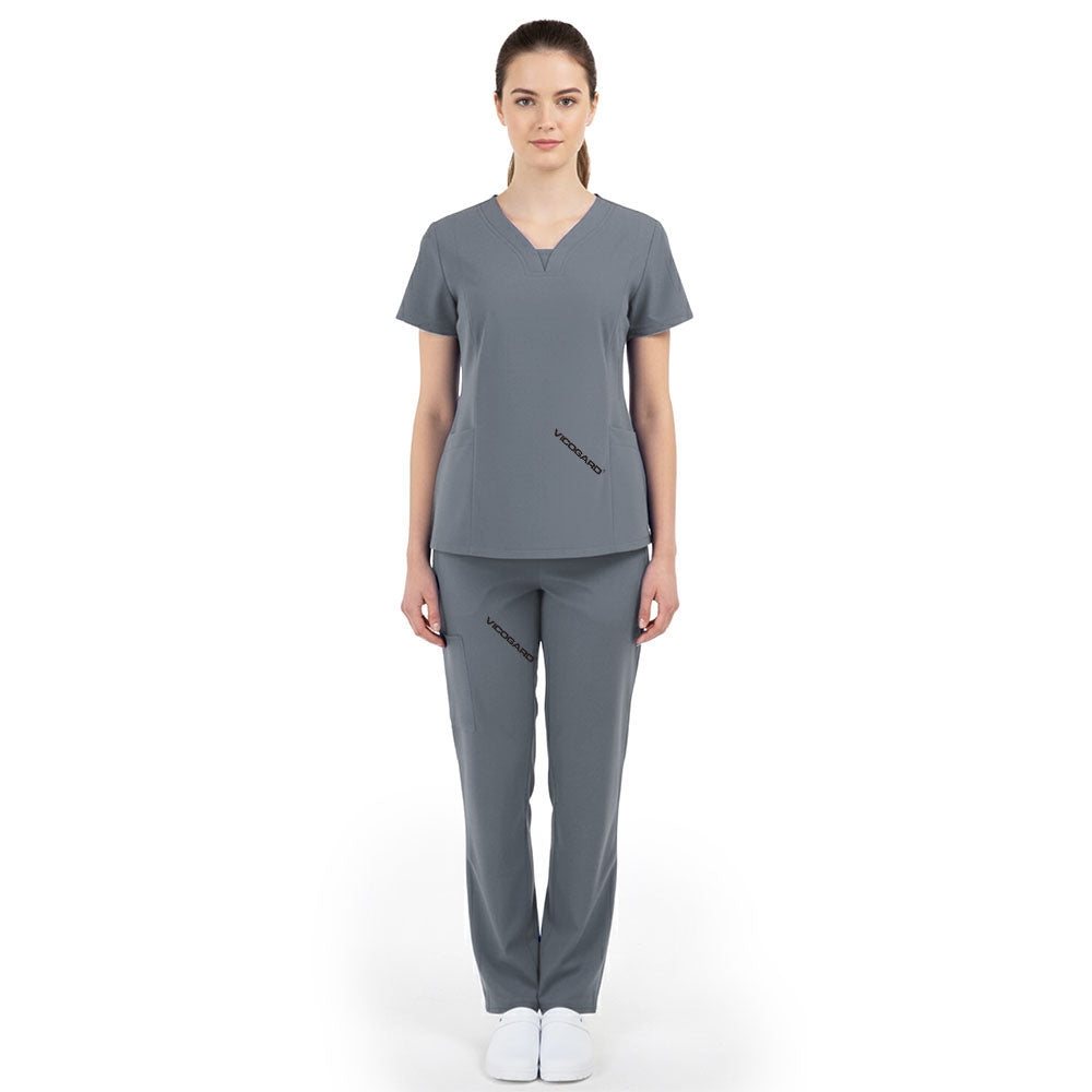 Full body front view of Gray Vicogard scrubs, professional attire for clinics