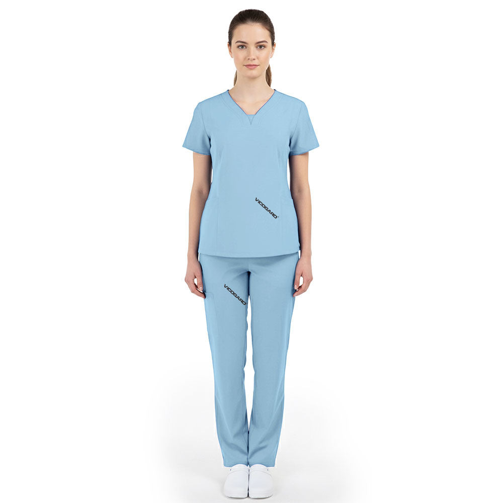 Full body front view of Ceil Blue Vicogard scrubs, compliant attire for hospitals