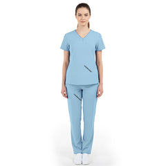 Full body front view of Ceil Blue Vicogard scrubs, compliant attire for hospitals