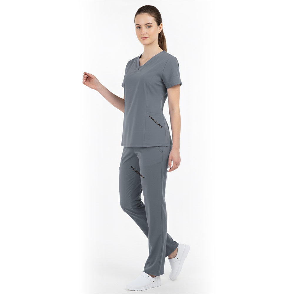Side view of Gray medical uniform showing side vents and wrinkle-resistant fabric