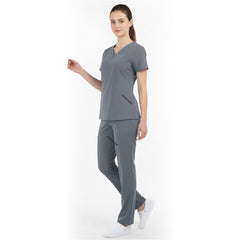 Side view of Gray medical uniform showing side vents and wrinkle-resistant fabric