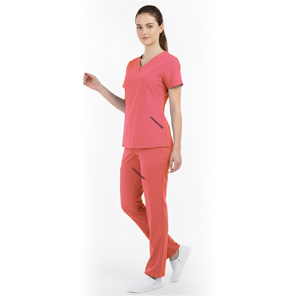 Side view of Orange Red medical uniform showing side vents and bright color