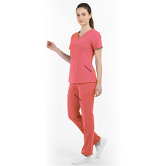 Side view of Orange Red medical uniform showing side vents and bright color