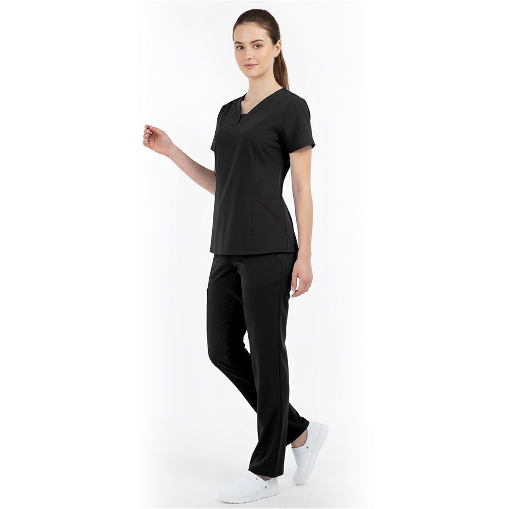 Side view of Black medical uniform showing side vents and fade-resistant fabric