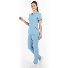 Side view of Ceil Blue medical uniform showing side vents and clean fabric