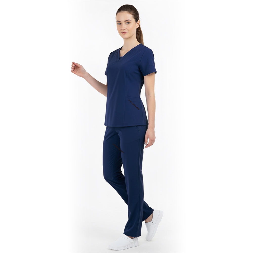 Side view of Navy Blue medical uniform showing side vents and durable fabric