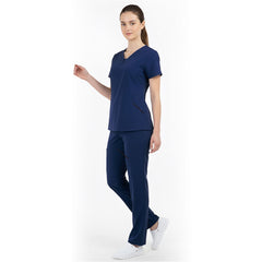 Side view of Navy Blue medical uniform showing side vents and durable fabric