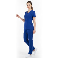 Side view of Royal Blue medical uniform showing side vents and fabric flexibility