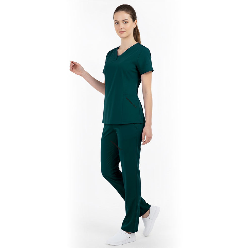 Side view of Hunter Green medical uniform showing side vents and durable fabric