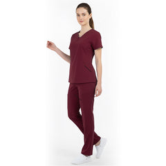 Side view of Burgundy medical uniform showing side vents and durable fabric