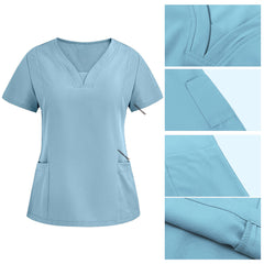 Detail of Ceil Blue scrub top V-neckline and reinforced lower patch pockets