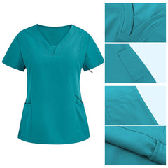 Detail of Teal scrub top V-neckline and reinforced lower patch pockets