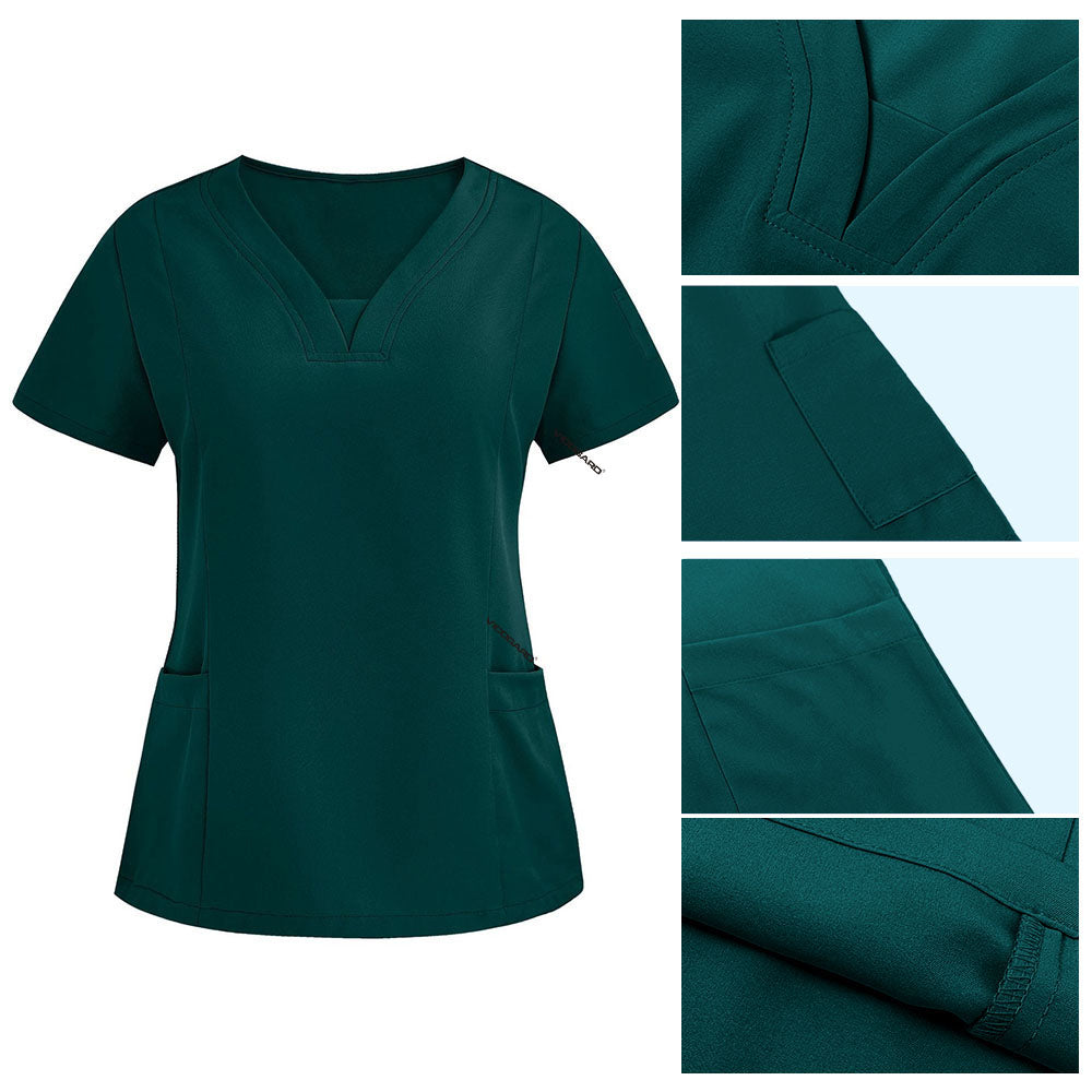 Detail of Hunter Green scrub top V-neckline and reinforced lower patch pockets