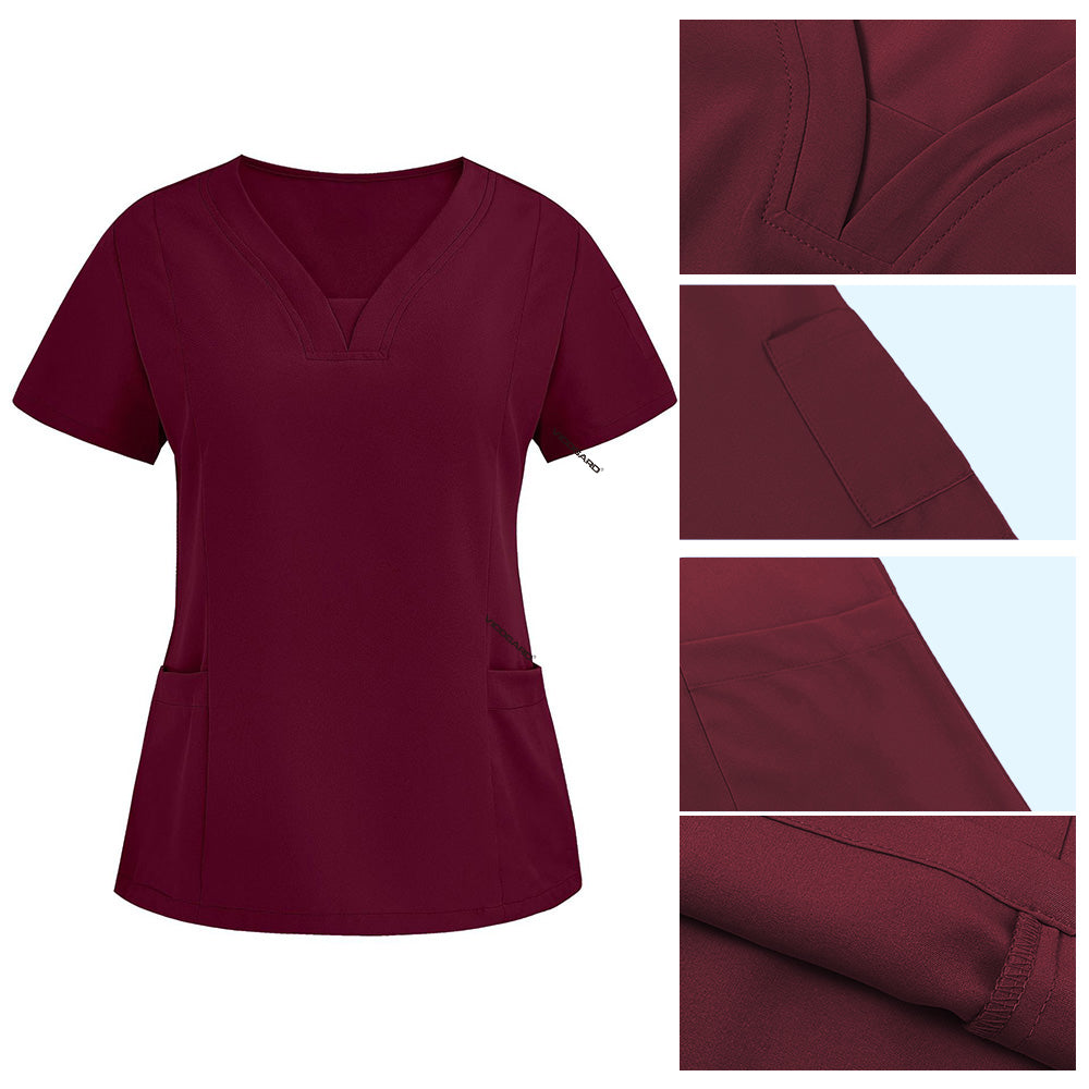 Detail of Burgundy scrub top V-neckline and reinforced lower patch pockets